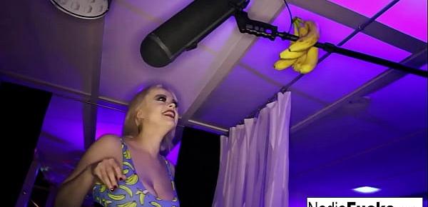  Hot Nadia White stuffs her hungry holes with very ripe bananas!